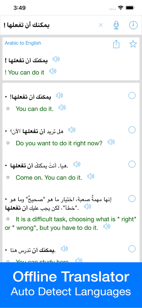 Arabic Translator Offline - Interface of the Arabic Translator Offline app showing Arabic to English phrase translations and related expressions