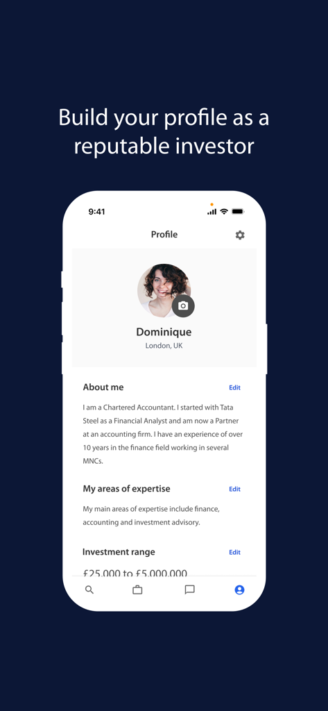 Angel Investment Network - User profile screen on the Angel Investment Network app showing investor biography and expertise areas.