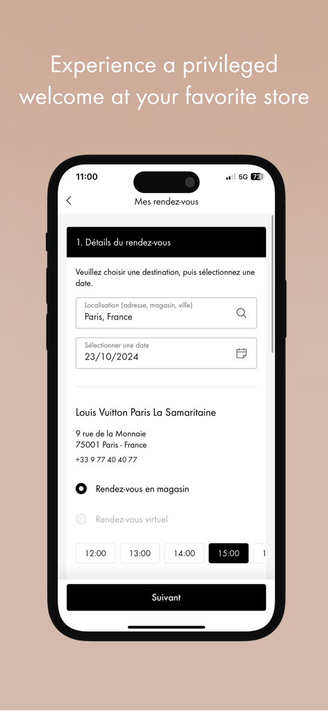 Interface do aplicativo móvel Louis Vuitton mostrando o processo de agendamento de uma consulta em uma boutique