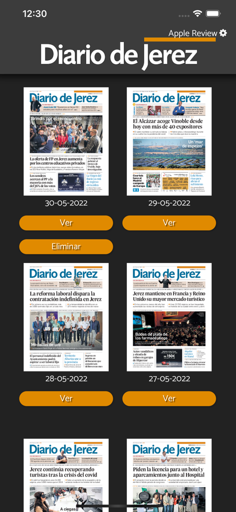 Archivo digital de ediciones del periódico en la interfaz de la aplicación Diario de Jerez