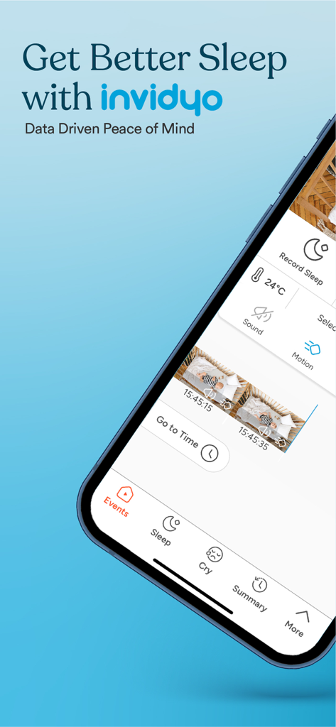 아기 수면 모니터링 및 방 온도 추적이 포함된 Invidyo 모바일 앱 인터페이스