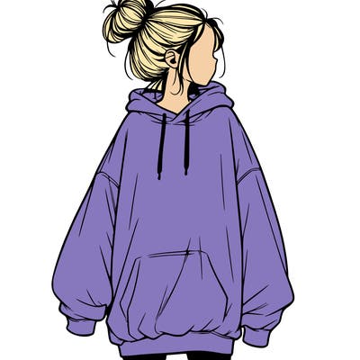 realistic girl with a oversized sweatshirt on and a bun