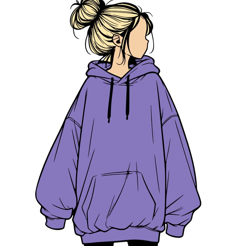 realistic girl with a oversized sweatshirt on and a bun
