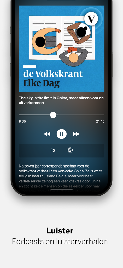 L'écran du lecteur audio et podcast dans l'application d'actualités de Volkskrant montrant les contrôles de lecture pour un article d'actualité.