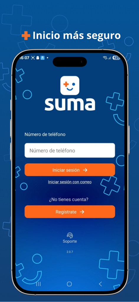 App SUMA - Login screen for App SUMA featuring phone number entry and secure access buttons.