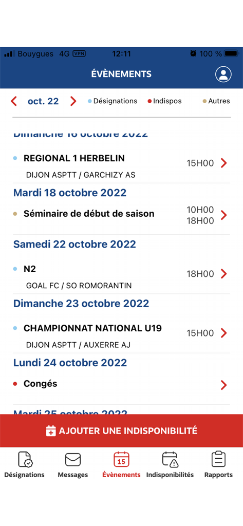 Pantalla del calendario de eventos en la app Officiels FFF que muestra designaciones de partidos y horarios para oficiales de fútbol