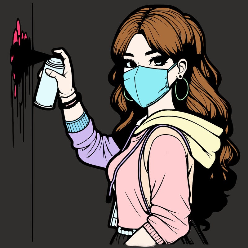 realistic girl with mask spray painting a wall