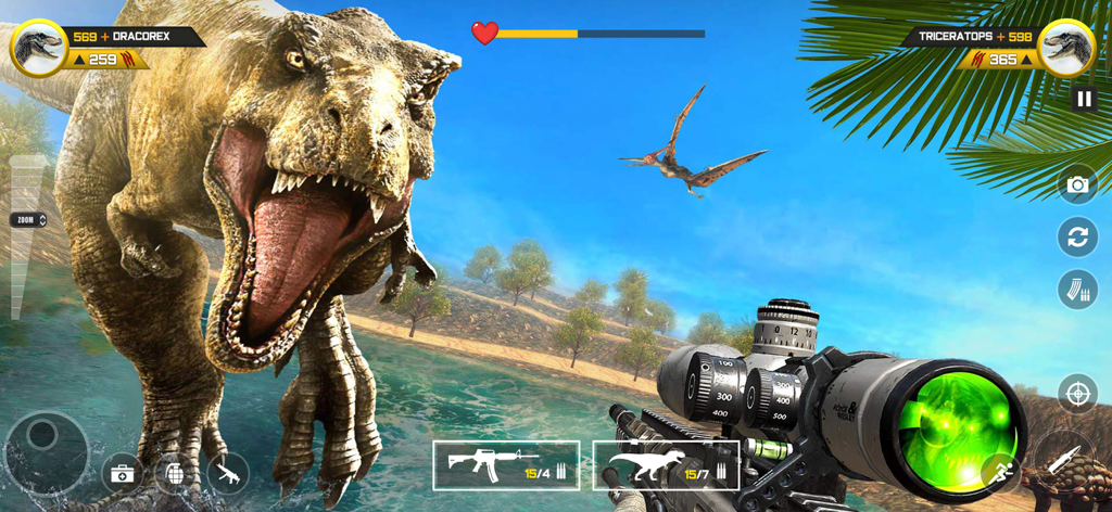 Dinosaur FPS Gun Hunting Games - A first person sniper view of a large T-Rex lunging in a dinosaur hunting game