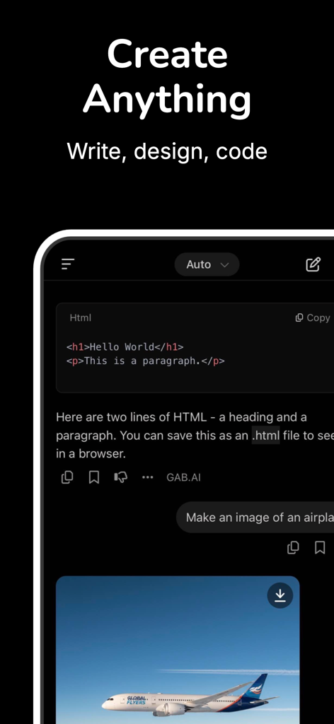 Gab AI mobile app interface displaying generated HTML code and an AI created image of an airplane