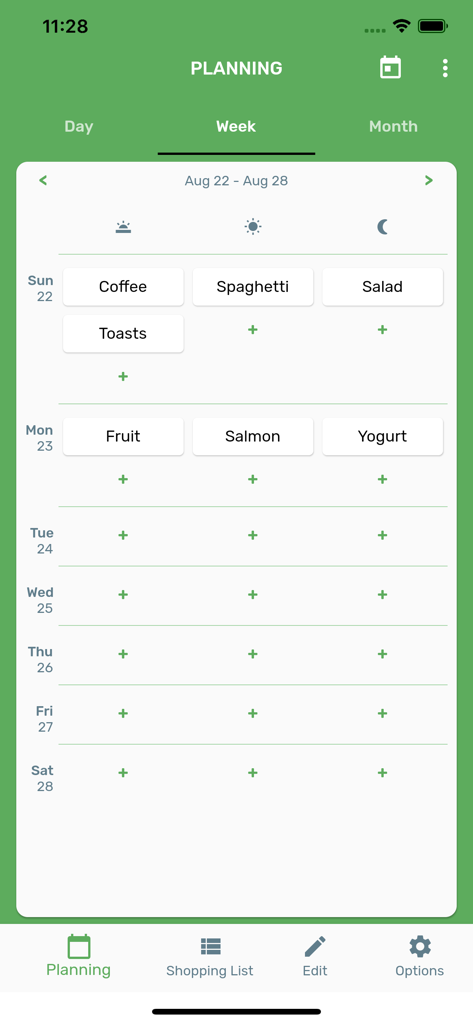 Interfaz de la aplicación Easy Menu Planner que muestra un horario semanal de comidas