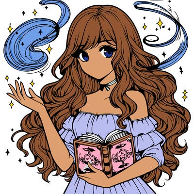 realistic girl with a spell book and magic swirling around her