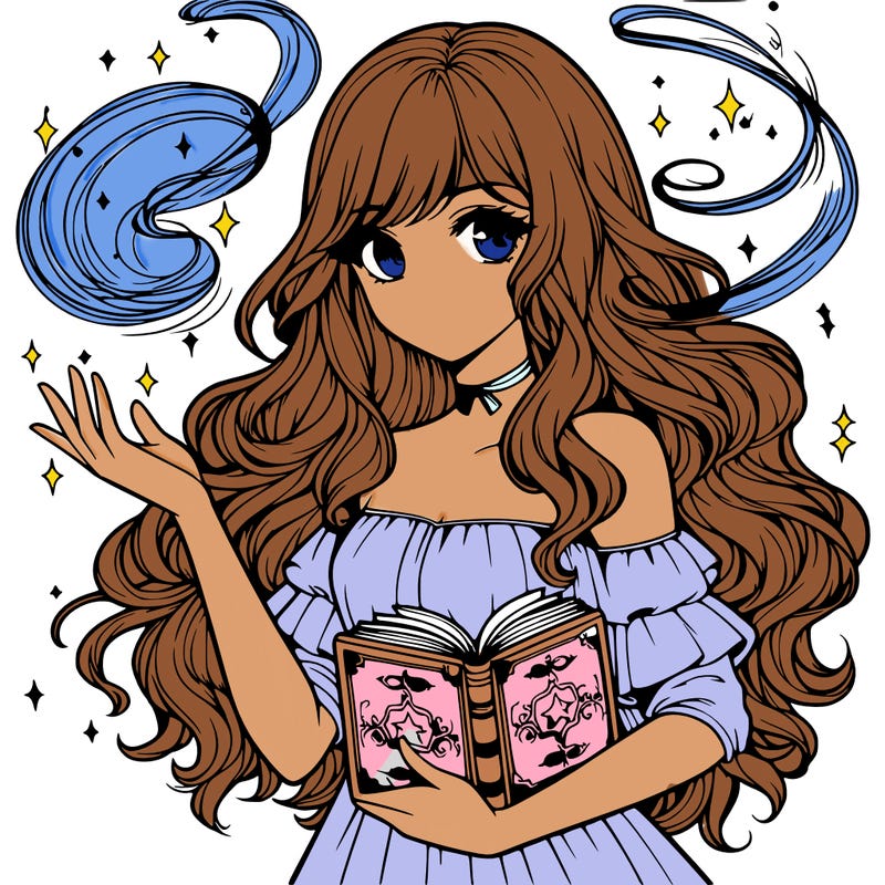 realistic girl with a spell book and magic swirling around her
