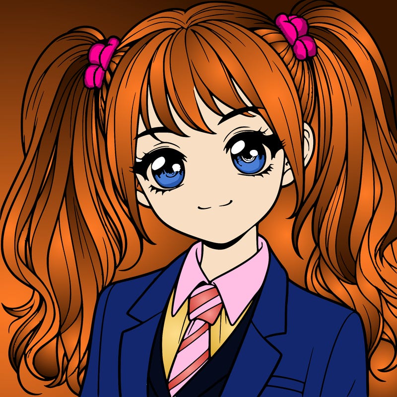 realistic girl with two ponytails and a suit on