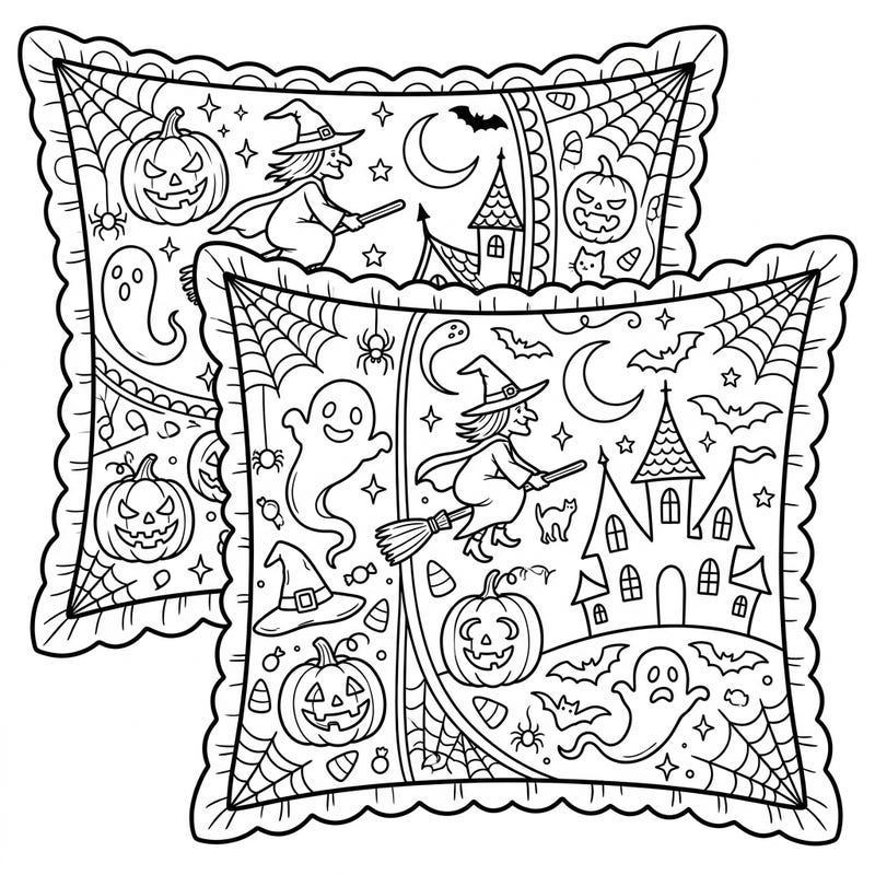 Get into the Halloween spirit with these charming decorative pillow shams, brimming with spooky-fun motifs. This delightful coloring page invites you to bring witches, ghosts, and pumpkins to life with your favorite colors.