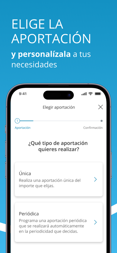 Pantalla de la aplicación móvil VidaCaixa Aporta+ para seleccionar entre una aportación única o recurrente.
