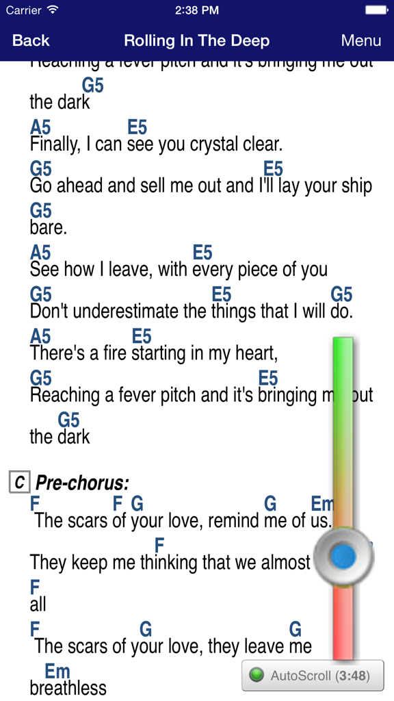 GuitarTapp PRO - Tabs & Chords - GuitarTapp PRO interface displaying guitar chords and lyrics for Rolling In The Deep with an active autoscroll slider