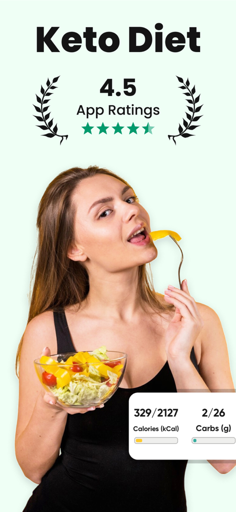 Keto Diet App interface showing 4.5 star rating and daily calorie and carb macro tracker