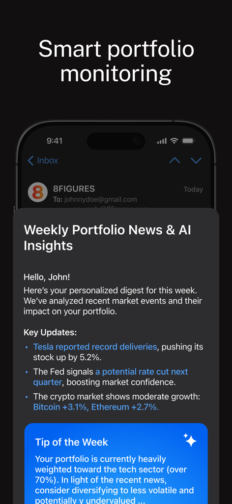 8FIGURES AI Investment Advisor - A mobile screen displaying weekly portfolio news and AI driven investment insights from the 8FIGURES app
