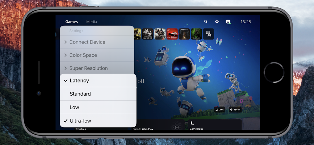 Console Remote App auf dem iPhone zeigt die PS5-Spielebibliothek mit ausgewählter Ultra-Low-Latency-Einstellung.