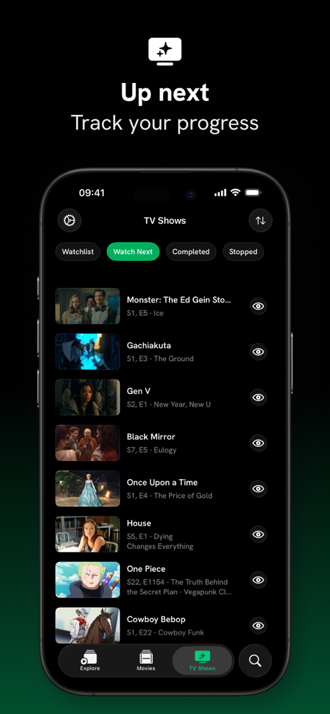 B.Roll – Movies & TV Tracker - B Rollアプリインターフェース。「Watch Next」リストにTV番組の進捗状況が表示されています。