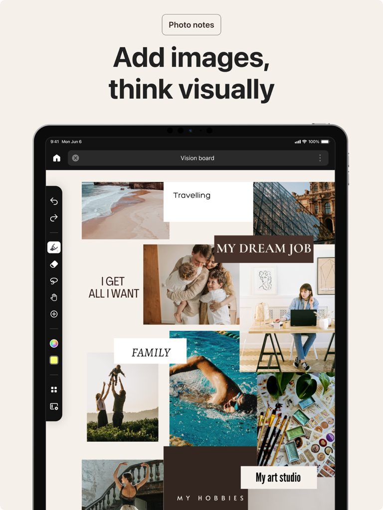 Inky Notes: Good Note taker - Pantalla de iPad que muestra un tablero de visión digital con fotos y etiquetas de texto en la aplicación Inky Notes.