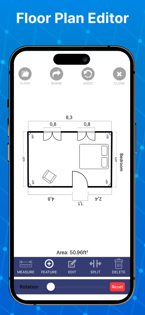 Tape Measure app floor plan editor showing a bedroom layout with measurements and total area