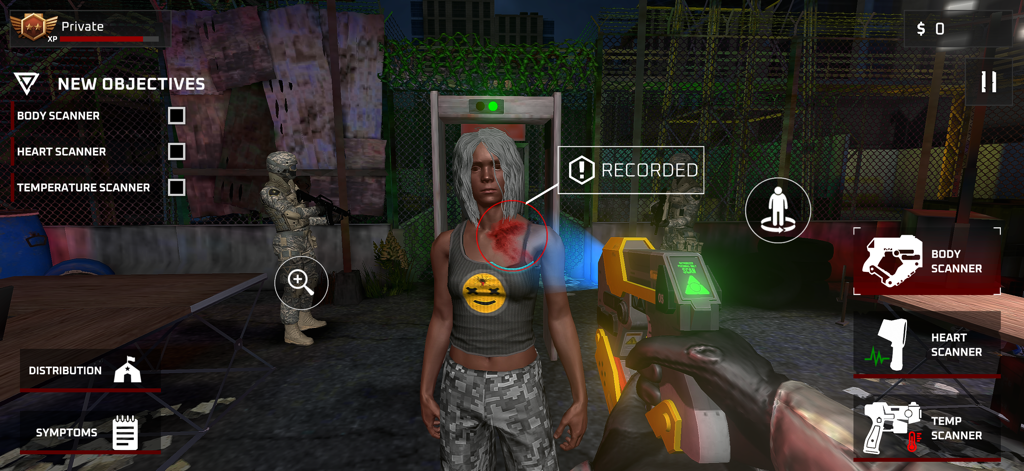 Survival Zone: Zombie Outbreak - First person view of scanning a survivor for infection at a checkpoint in Survival Zone Zombie Outbreak