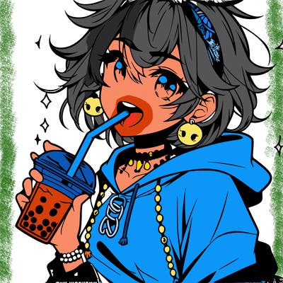 hot baddie anime girl drinking boba and biting the straw