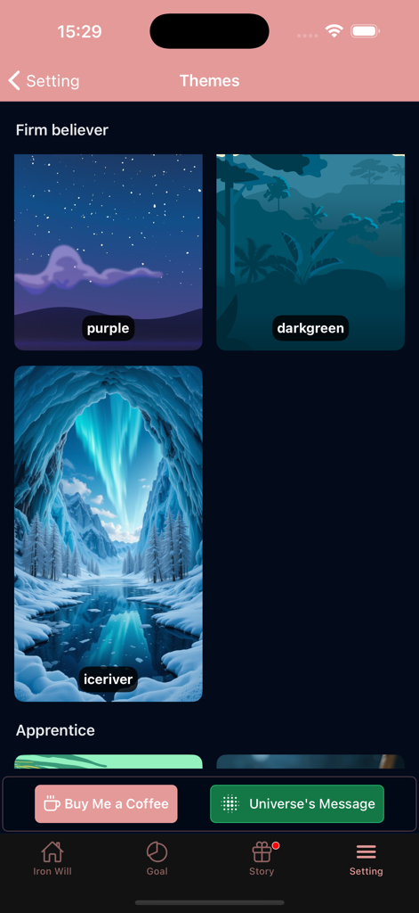 Theme selection screen in Iron Will app with different background options like purple starry night and ice river