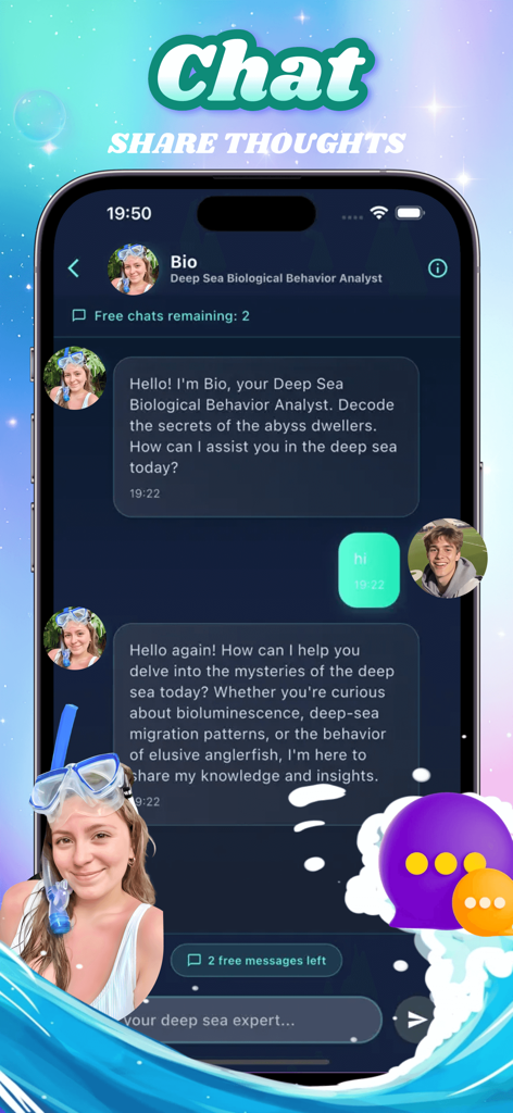 Onix - Fun & Happy - A chat screen from the Onix app showing a conversation with a deep-sea AI biological analyst.