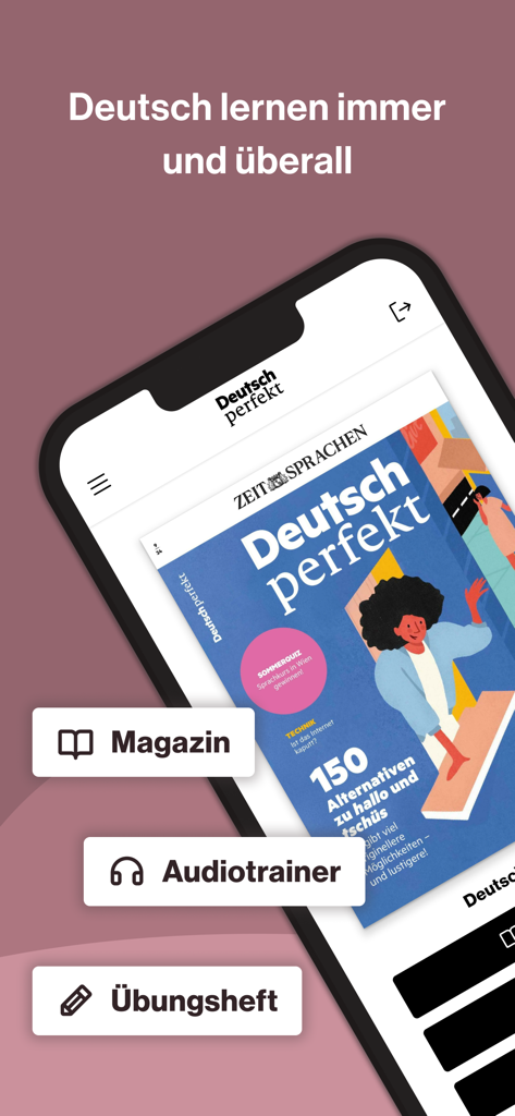 Smartphone screen displaying the Deutsch perfekt learning app with options for magazine audio trainer and exercise booklet