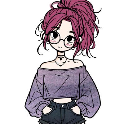 girl with a messy ponytail glasses a baggy crop top and jean shorts