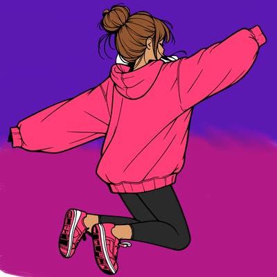 realistic girl jumping with a bun and oversized sweatshirt