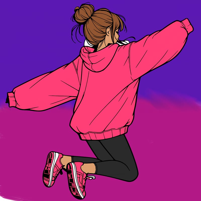 realistic girl jumping with a bun and oversized sweatshirt