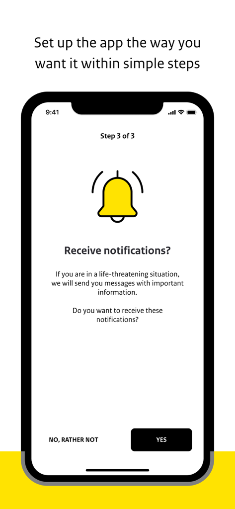 NL-Alert App-Einrichtungsbildschirm zum Empfangen von Notfallbenachrichtigungen mit einem gelben Glockensymbol