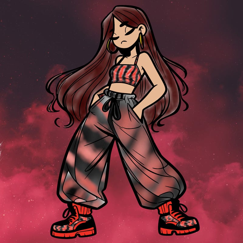 girl in baggy pants crop top and long hair