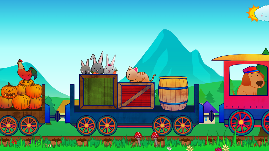 Animal Train for Toddlers - A colorful animated train with a dog conductor and animal passengers traveling through a sunny landscape