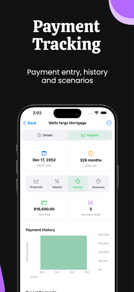 DebtZero - Debt Payoff Planner - Captura de pantalla de la aplicación DebtZero que muestra el historial de pagos de hipotecas y los detalles de seguimiento de pagos.