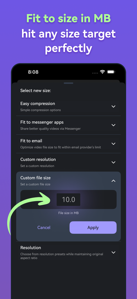 Panda - Video Compressor - Interfaccia dell'app Panda Video Compressor che mostra l'impostazione personalizzata delle dimensioni del file per raggiungere un obiettivo specifico in MB.