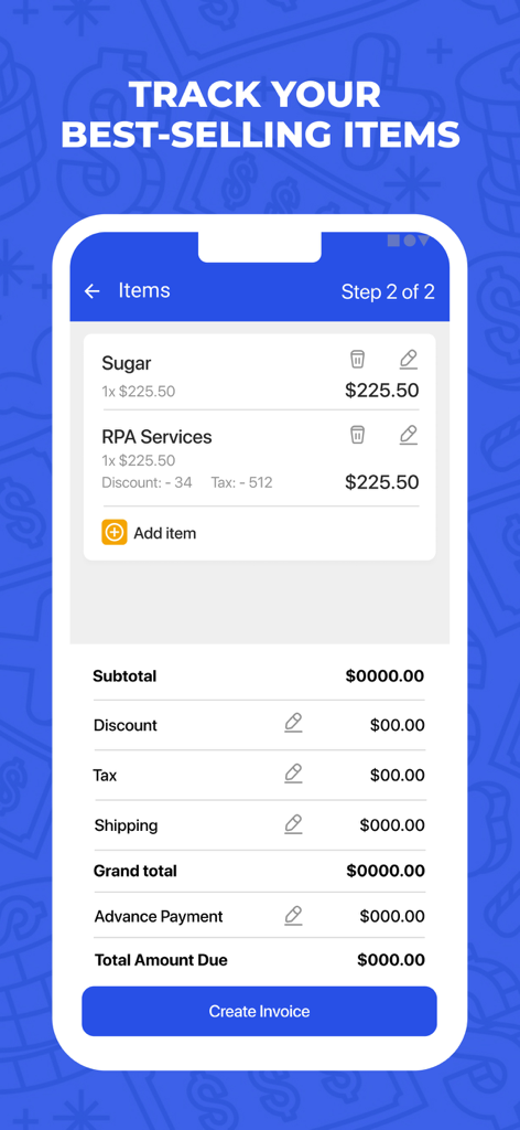 Invoice Maker & Estimates - 할인 및 세금으로 송장 총액을 계산하고 서비스를 항목별로 추적하기 위한 모바일 앱 화면