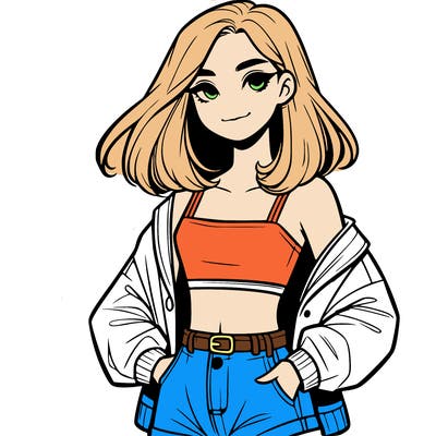 a realistic girl with a crop top and short shorts in an open jacket
