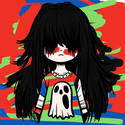 a creepy girl with a ghost on her shirt and hair in her face