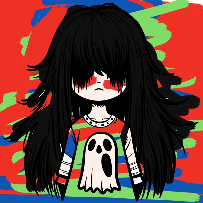 a creepy girl with a ghost on her shirt and hair in her face