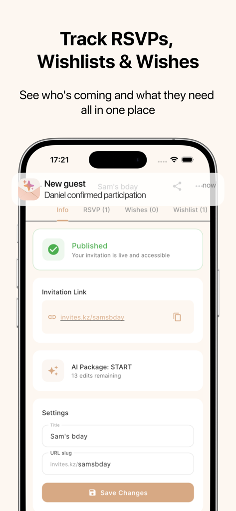Invites — AI Invitation Maker - Dashboard of the Invites AI app showing guest RSVP status and event link management.