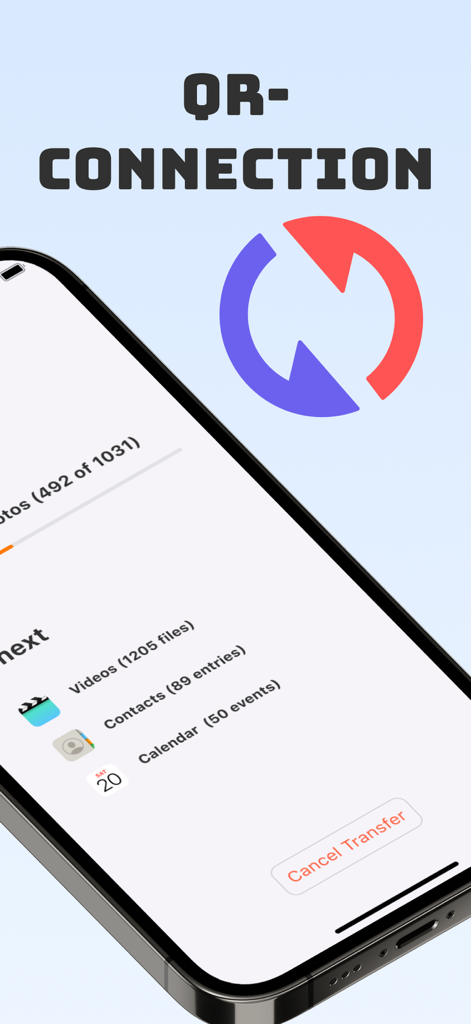 Pantalla de smartphone mostrando conexión QR y el progreso de la transferencia de fotos, videos, contactos y eventos del calendario