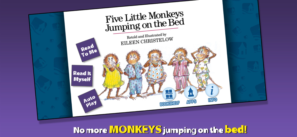 Pantalla de inicio de la aplicación Five Little Monkeys Jumping on the Bed mostrando opciones de lectura e ilustraciones de cinco monos
