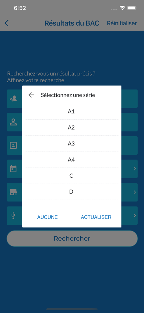 digiDEC - Interface of the digiDEC app showing a popup to select an exam series for BAC results
