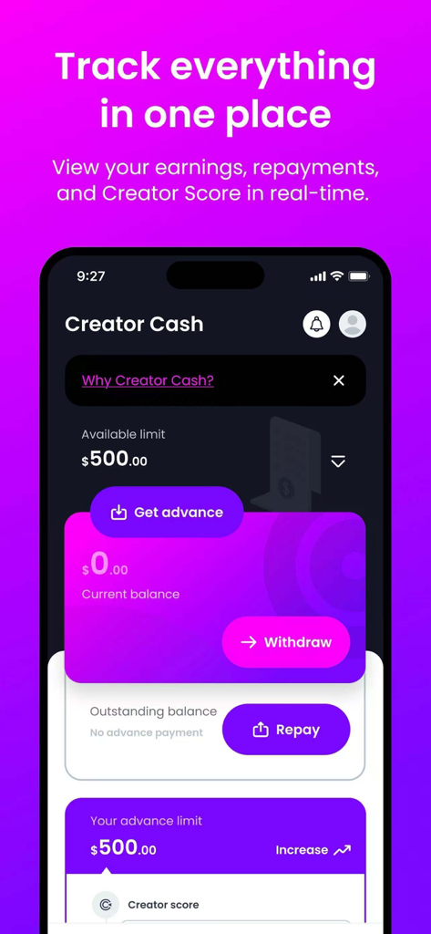 Creator Cash App - Creator Cash app interface showing available cash advance limit and real time earnings tracking for digital creators