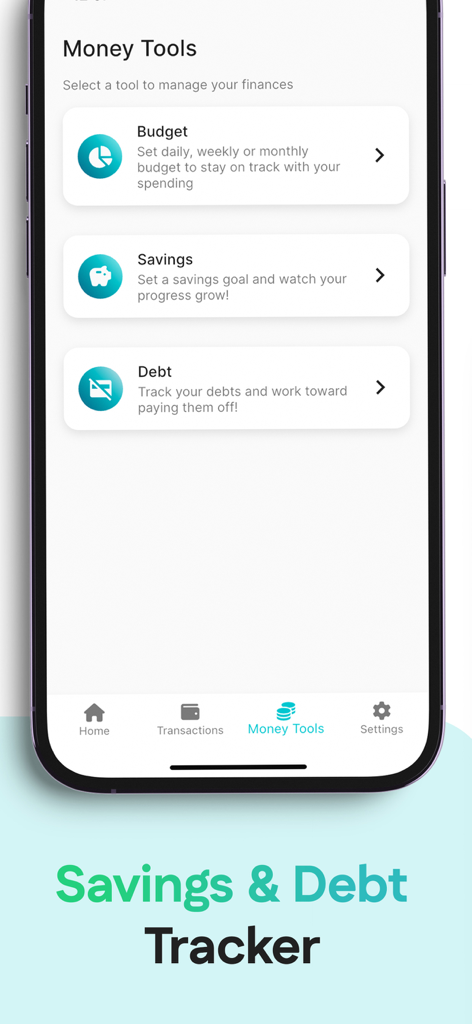 Rolly: AI Budget Money Tracker - Mobile app screen showing financial tools for budget savings and debt tracking