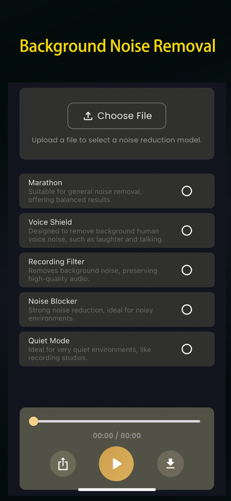 EchoVoice app interface for background noise removal with multiple AI audio cleaning models